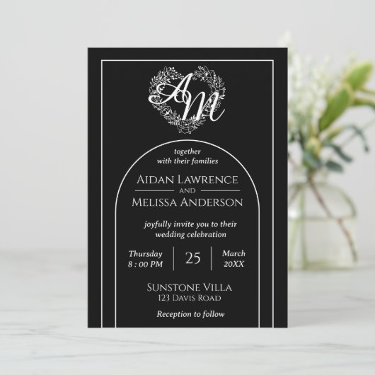 Elegant Black and White Monogram Wedding Kaart (Staand voorkant)