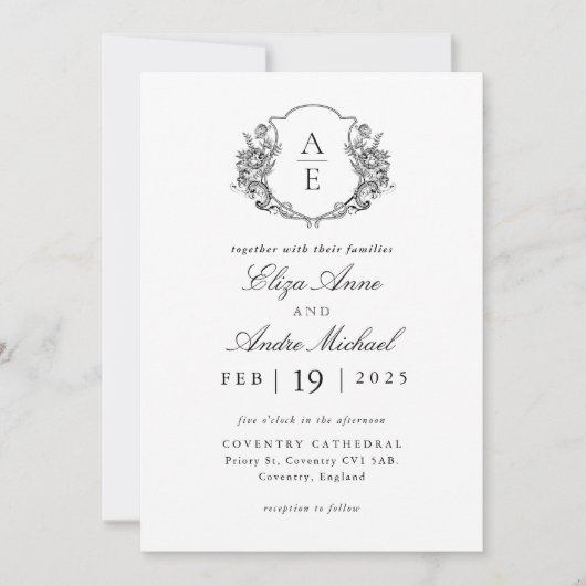Elegant Black and White Monogram Wedding Kaart (Voorkant)