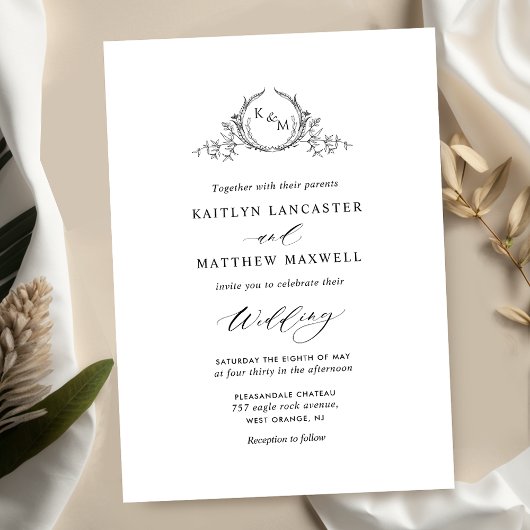Elegant Black and White Monogram Wedding Kaart