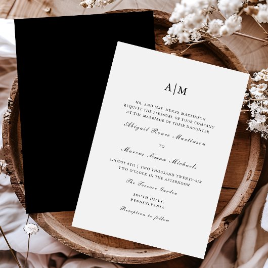 Elegant Black and White Monogram Wedding Kaart