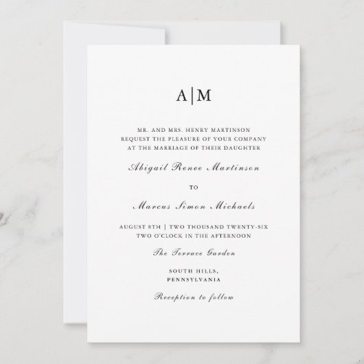 Elegant Black and White Monogram Wedding Kaart (Voorkant)