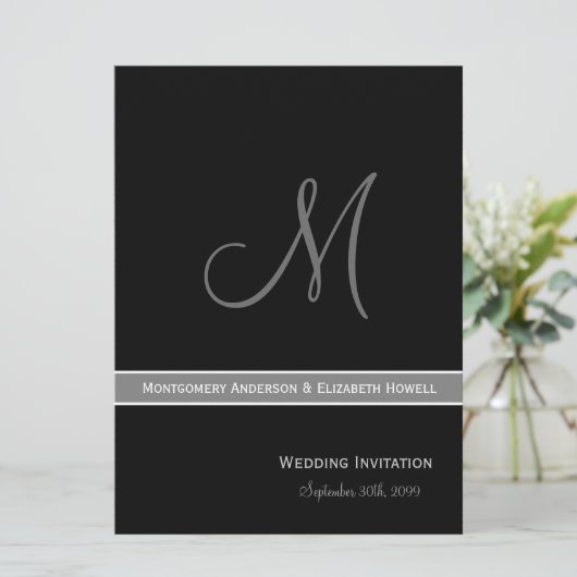 Elegant Black and White Monogram Wedding Kaart (Staand voorkant)