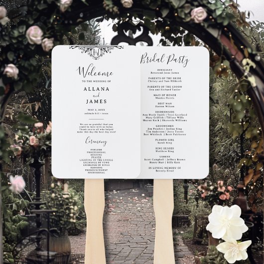 Elegant Black and White Monogram Wedding Program Handwaaier