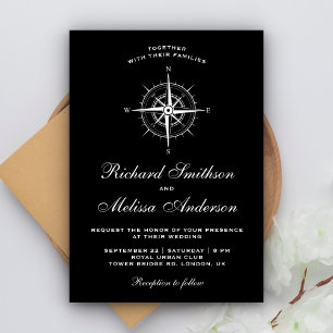 Elegant Black and White Nautical Compass Wedding Kaart