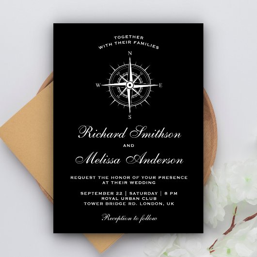 Elegant Black and White Nautical Compass Wedding Kaart