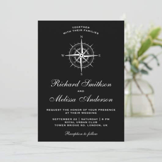 Elegant Black and White Nautical Compass Wedding Kaart (Staand voorkant)