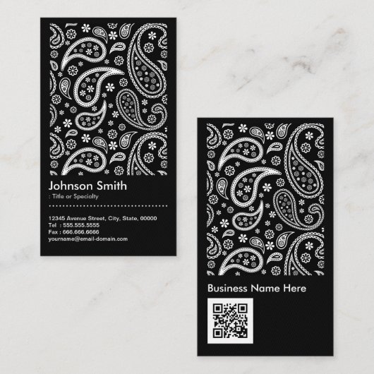 Elegant Black and White Paisley Pattern QR Code Visitekaartje (Voorkant / Achterkant)