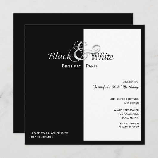 Elegant Black and White Party Kaart (Voorkant / Achterkant)