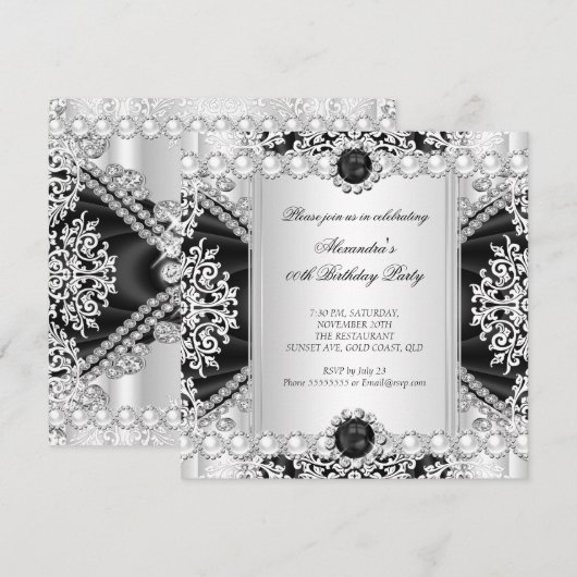 Elegant Black and White Pearl Birthday Party Kaart (Voorkant / Achterkant)