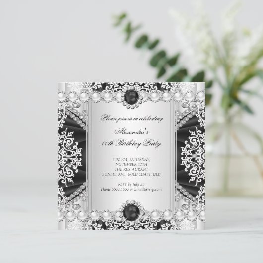 Elegant Black and White Pearl Birthday Party Kaart (Staand voorkant)