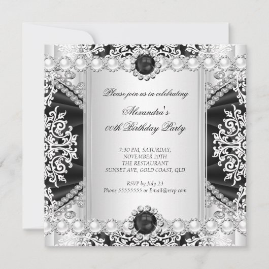 Elegant Black and White Pearl Birthday Party Kaart (Voorkant)