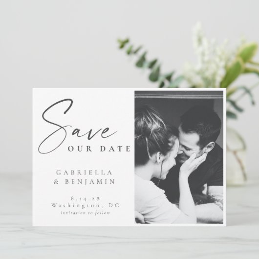 Elegant Black and White Photo Minimalist Wedding Save The Date (Staand voorkant)