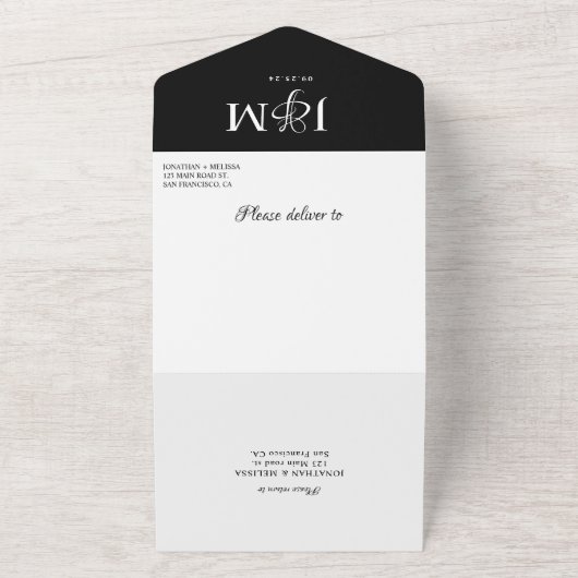 Elegant Black and White Photo Monogram Weddenschap All In One Uitnodiging (Buitenkant)