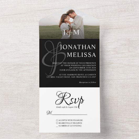 Elegant Black and White Photo Monogram Weddenschap All In One Uitnodiging (Binnen)