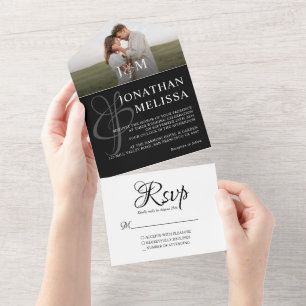 Elegant Black and White Photo Monogram Weddenschap All In One Uitnodiging