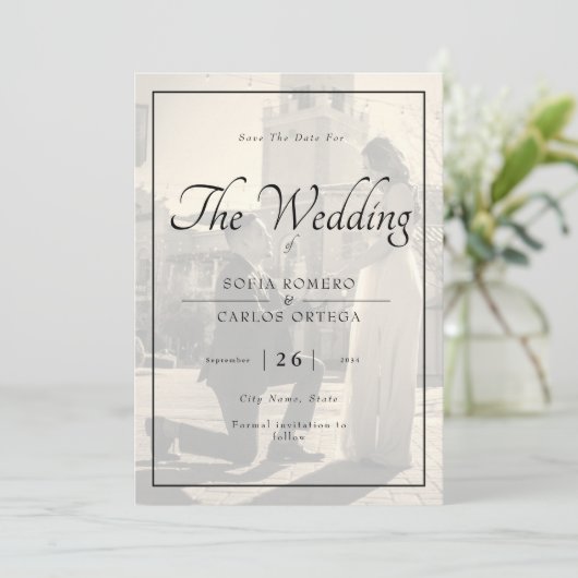 Elegant Black and White Photo Save the Date Kaart (Staand voorkant)