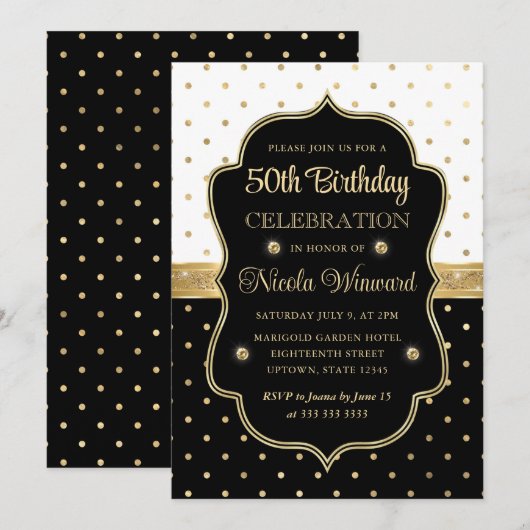 Elegant Black and White Polka Dots 50th Birthday Kaart (Voorkant / Achterkant)