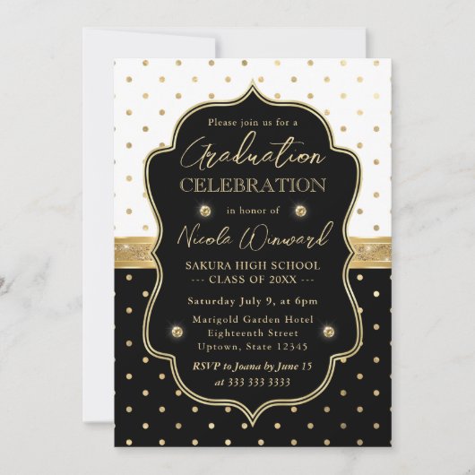 Elegant Black and White Polka Dots Afstuderen Kaart (Voorkant)