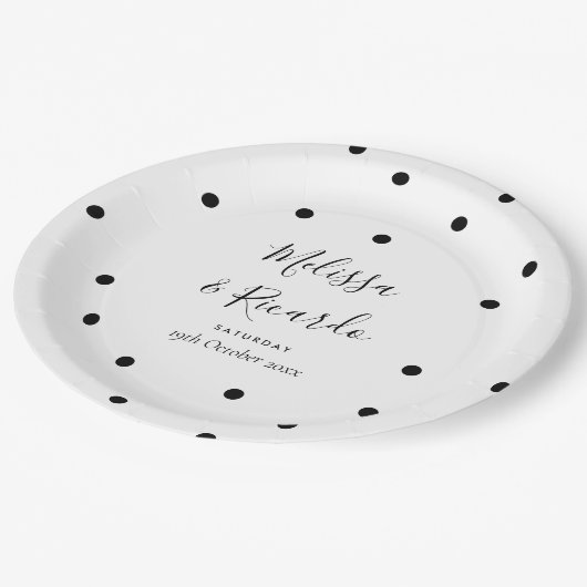 Elegant Black and White Polka Dots Wedding Papieren Bordje (Gekanteld)