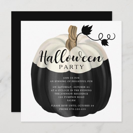 Elegant Black and White Pumpkin Halloween Party Kaart (Voorkant / Achterkant)