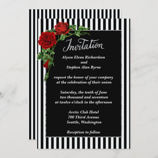 Elegant Black and White Red Rose Wedding Invitatio Kaart (Voorkant / Achterkant)
