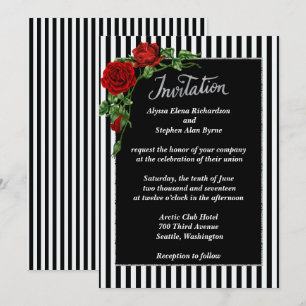 Elegant Black and White Red Rose Wedding Invitatio Kaart