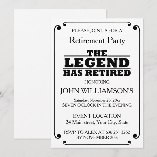 Elegant Black and White Retirement party Kaart (Voorkant / Achterkant)