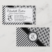 Elegant Black and White Retro Stripes en Damask Visitekaartje (Voorkant / Achterkant)
