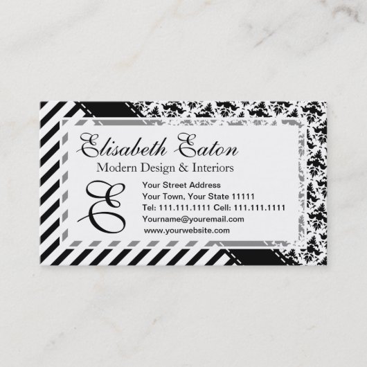 Elegant Black and White Retro Stripes en Damask Visitekaartje (Voorkant)