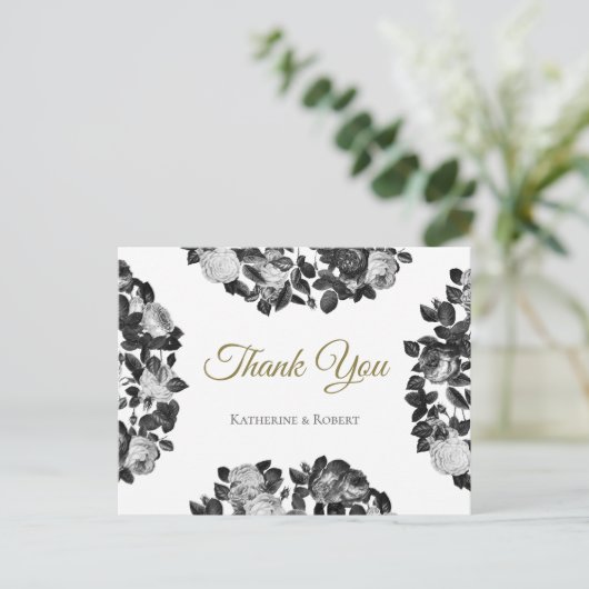 Elegant Black and White Roses bedankt Briefkaart (Staand voorkant)