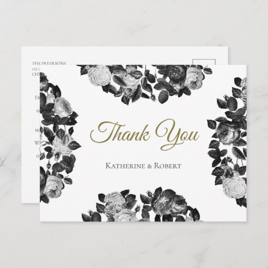 Elegant Black and White Roses bedankt Briefkaart (Voorkant / Achterkant)