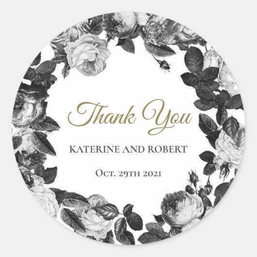 Elegant Black and White Roses op gouden bruiloft Ronde Sticker (Voorkant)