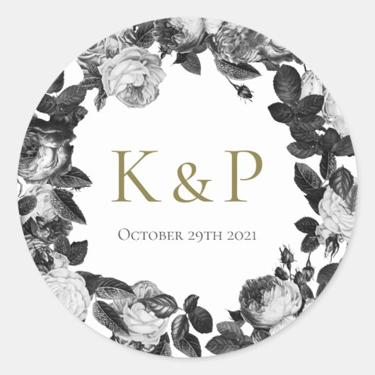 Elegant Black and White Roses Wedding Sticker (Voorkant)