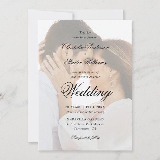 Elegant Black and White Script 2 Photo Wedding Kaart (Voorkant)