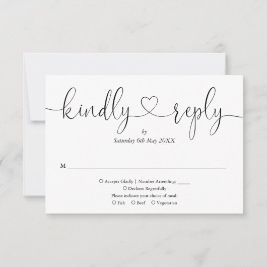 Elegant Black and White Script Heart Kindly Reply RSVP Kaartje (Voorkant)