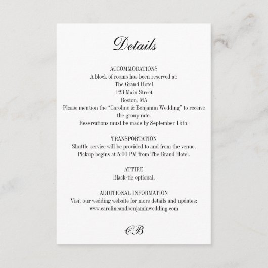 Elegant Black and White Script Monogram Wedding Informatiekaartje (Voorkant)