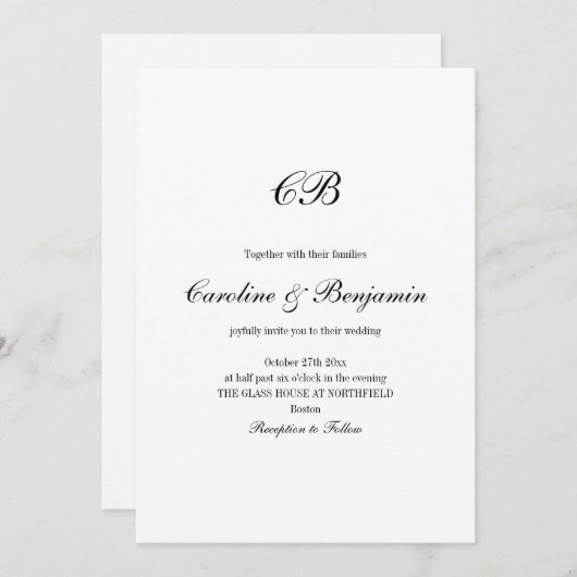 Elegant Black and White Script Monogram Wedding Kaart (Voorkant / Achterkant)