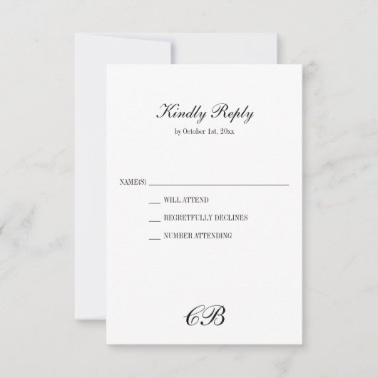 Elegant Black and White Script Monogram Wedding RSVP Kaartje (Voorkant)
