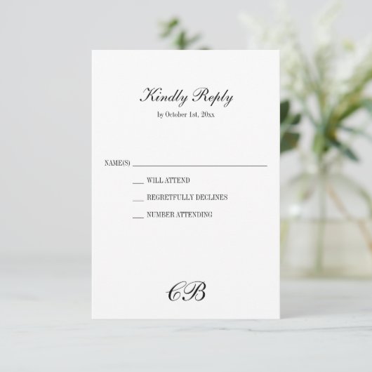 Elegant Black and White Script Monogram Wedding RSVP Kaartje (Staand voorkant)