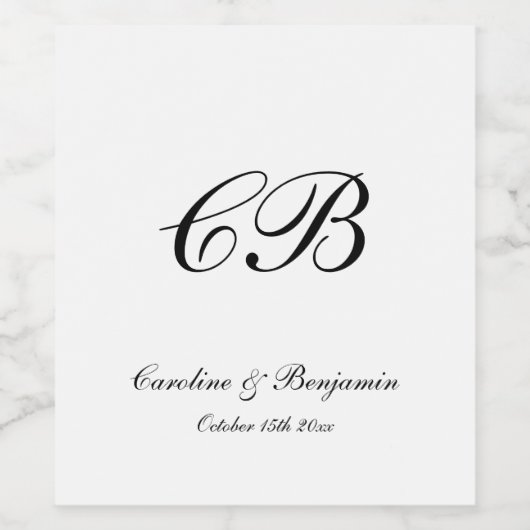 Elegant Black and White Script Monogram Wedding Wijn Etiket (Enkel label)