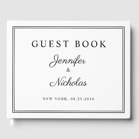 Elegant Black And White Script Wedding Gastenboek (Voorkant)