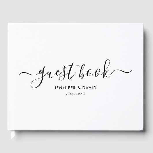 Elegant Black and White Script Wedding Guest Book Gastenboek (Voorkant)