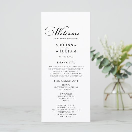 Elegant Black and White Script Wedding Programmakaart (Staand voorkant)