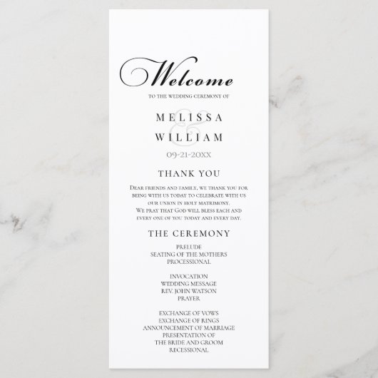 Elegant Black and White Script Wedding Programmakaart (Voorkant)