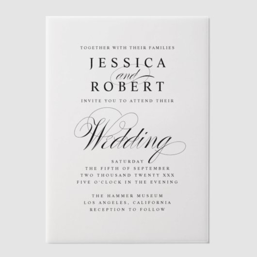 Elegant Black and White Script Wedding Vellum Uitnodigingen (Voorkant)