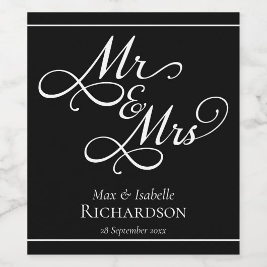 Elegant Black and White Script Wedding Wijn Etiket (Enkel label)