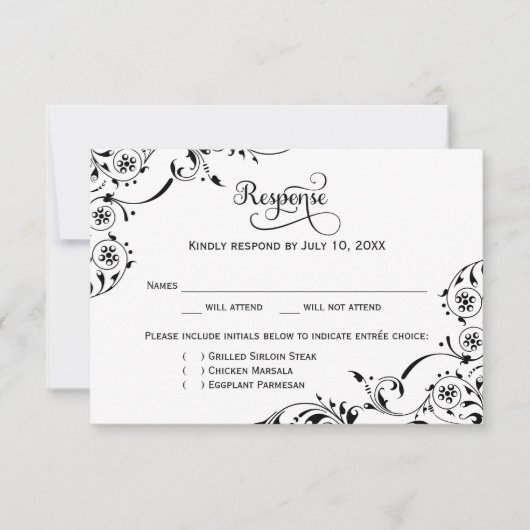Elegant Black and White Scrolls Wedding RSVP Kaartje (Voorkant)
