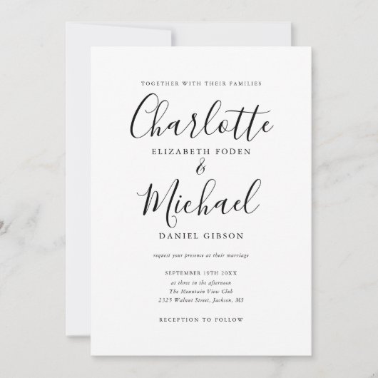 Elegant Black and White Signature Script Weduwen Kaart (Voorkant)