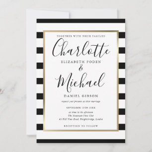 Elegant Black and White Stripe Script Gold Weddens Kaart