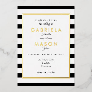 Elegant Black and White Stripe Weddenschap Gold Folie Uitnodiging
